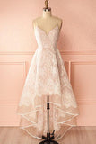 A-Line Ivory V-Neck Lace Spaghetti Straps High Low Open Back Homecoming Dresses