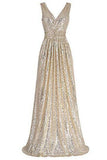 A Line Sequin V Neck V Back Sleeveless Gold Ruffles Maxi Evening Prom Dresses uk PW336