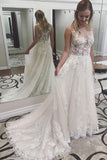 A Line Ivory Lace See Through Applique Wedding Dresses Scoop with Court Train