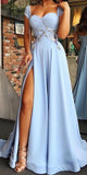 Cap Sleeve Sweetheart A Line Side Slit Satin Blue Long Prom Dresses Evening Dresses