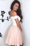 Pretty Lace V Neck Tulle Off the Shoulder Light Pink Sweetheart Homecoming Dresses