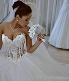 Ball Gown Lace Pearl Beads Unique Arabic Sweetheart White Tulle Princess Wedding Dress