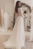 Off White Chiffon Open Back Long Sleeves Wedding Dress Simple A Line V Neck Lace Prom Dress