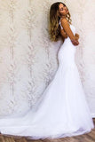 White Lace Mermaid Sweetheart Tulle Spaghetti Straps Backless Affordable Wedding Dresses