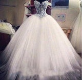 Ball Gown Lace Pearl Beads Unique Arabic Sweetheart White Tulle Princess Wedding Dress