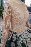 Green Long Sleeves Ball Gown Lace Prom Dress with Appliques Long Quinceanera Dress