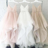 Elegant A Line Spaghetti Straps V Neck Tulle Pink Backless Long Prom Dresses