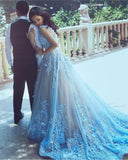 Elegant Spaghetti Straps Lace Flower Light Blue Sleeveless Zipper Tulle Prom Dresses