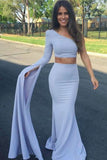 Sexy Mermaid One Shoulder Grey Slit Satin Long Zipper Prom Dresses