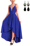 Sexy V Neck Asymmetrical Blue High Low Criss Cross Prom Dresses Evening Dresses