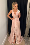 V Neck A Line Chifon Formal Evening Dresses Pink Long Front Split Prom Dresses