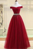 A Line Burgundy Off the Shoulder Lace up Tulle Sweetheart Long Prom Dresses