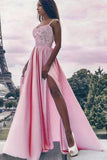 A Line Spaghetti Straps High Slit Sweetheart Chiffon Lace Appliques Prom Dresses uk PW310