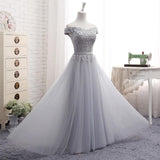 Cute A line Gray Lace Off Shoulder Lace-up Prom Dress with Appliques Graduation Dresses