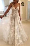 Elegant A-Line V-Neck Tulle Open Back Ivory Wedding Dresses with Lace Appliques