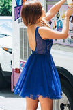 Cute A Line V Neck Chiffon Beads Royal Blue Short Homecoming Dresses with Appliques