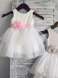 Ball Gown Scoop Neck Tulle Ivory Elastic Woven Satin Short Mini Tiered Flower Girl Dresses