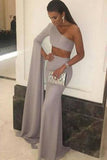 Sexy Mermaid One Shoulder Grey Slit Satin Long Zipper Prom Dresses