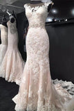 Elegant Bateau Sleeveless Court Train Mermaid Lace Appliques Wedding Dresses