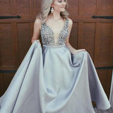 Sexy Elegant Sparkly Beads Top A-line Open Back V-Neck Stretch Satin Prom Dresses