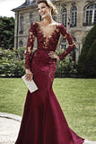 Burgundy Sheath Column V-Neck Floor-Length Elastic Woven Satin Prom Dresses