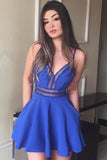 A-Line V Neck Royal Blue Spaghetti Straps Homecoming Dresses with Pockets