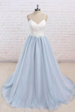 Simple A-Line Light Blue Sweetheart Spaghetti Straps Chic Blue Tulle Backless Prom Dresses