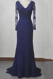 V-Neck Navy Blue Lace Mermaid Long Sleeves Open Back Floor-length Prom Dresses