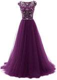 Elegant A Line Burgundy Beads Scoop Tulle Cap Sleeves Long Prom Dresses