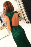 Mermaid Dark Green Open Back Long Cap Sleeves Split-Front Prom Dresses with Sequins