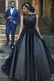 Elegant Round Neck Black Lace Sleeveless Tulle Long Ball Gown Floor-length Prom Dresses