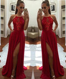 Sexy Unique Red A-Line Halter Split-Front Formal Dress Chiffon Sleeveless Long Prom Dresses