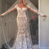 Romantic Long Appliques Backless Lace Mermaid Ivory Long Sleeve Wedding Dresses