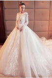 2024 Gorgeous Scoop Lace Appliques Flowers White Organza Long Sleeve Wedding Dresses