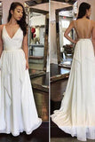 Simple Cheap Sexy Ivory A-line Chiffon V-Neck Sleeveless Ruffles Backless Wedding