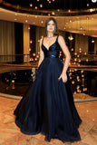 2024 A-Line V-Neck Dark Blue Sleeveless Satin Floor-Length Sweep Train Prom Dresses