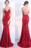 V-Neck Red Mermaid Spaghetti Straps Sparkly Backless Sleeveless Sequins Evening Dresses