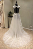 Cheap V-Neck Open Back Tulle Ivory Beach Long Appliques A-Line Sleeveless Wedding Dress