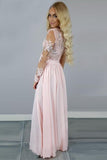 Stylish A-Line V-Neck Long Sleeves Split Front Gray Chiffon Long Prom Dresses