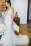 Elegant Mermaid Lace V-neck Court Train Ivory Sleeveless Beach Wedding Dresses