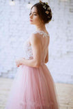 New Arrival Princess Scoop Neck Tulle with Appliques Lace Floor-length Pink Prom Dresses