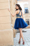 A-Line Dark Navy Princess Jewel Sleeveless Beading Short Mini Tulle Homecoming Dress