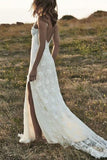 Boho Backless Front Split Romantic Off-the-Shoulder Ivory Lace Beach Bling Wedding Dress