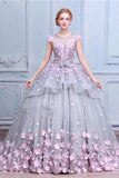 Scoop Ball Gown Gray Tulle Sleeveless Bowknot Empire Waist Wedding Dress with Pink Flowers