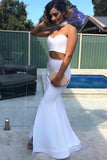 Sexy Two Piece Sweetheart Strapless Long White Satin Slit Mermaid Prom Dresses