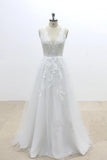 V-Cut shape Back Tulle Lace Appliques A Line Open Back Beach Wedding Dresses