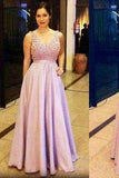 Elegant lavender satin A-line beading long prom dress V-neck sexy dress