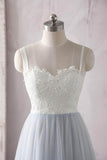 Simple A Line Spaghetti Straps Gray Sweetheart Ivory Lace Blue Tulle Prom Dresses