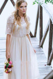 A Line Half Sleeve Lace Chiffon Ankle Length Prom Dress with Jewel Neckline