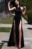 Elegant Hater Sexy High Side Slit Black Chiffon Sequins Long Prom Dresses